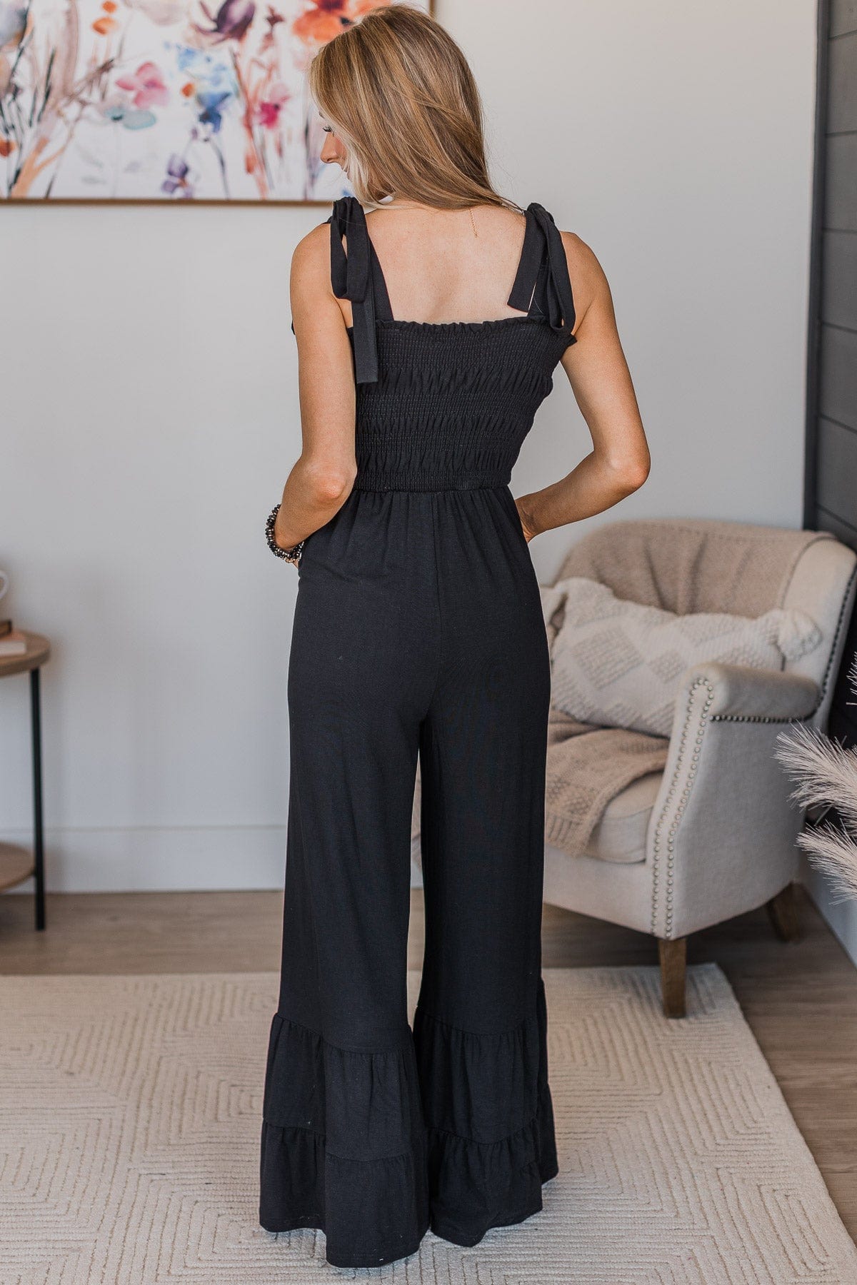 Good For Me Smocked Jumpsuit- Black