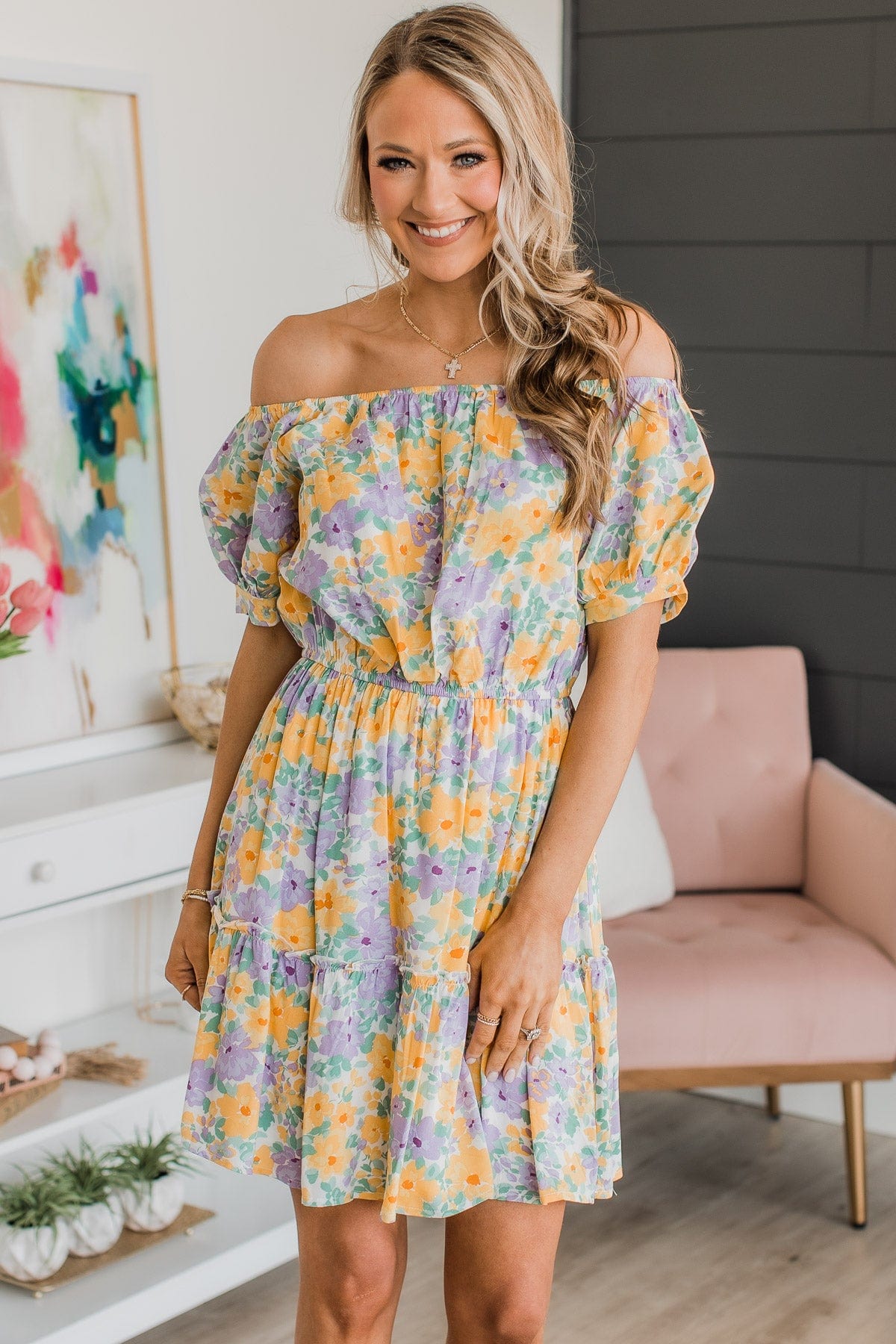 yellow and purple floral dress Purple Pansies In Yellow Floral Garden Garden A-Line Dress by sharlesart