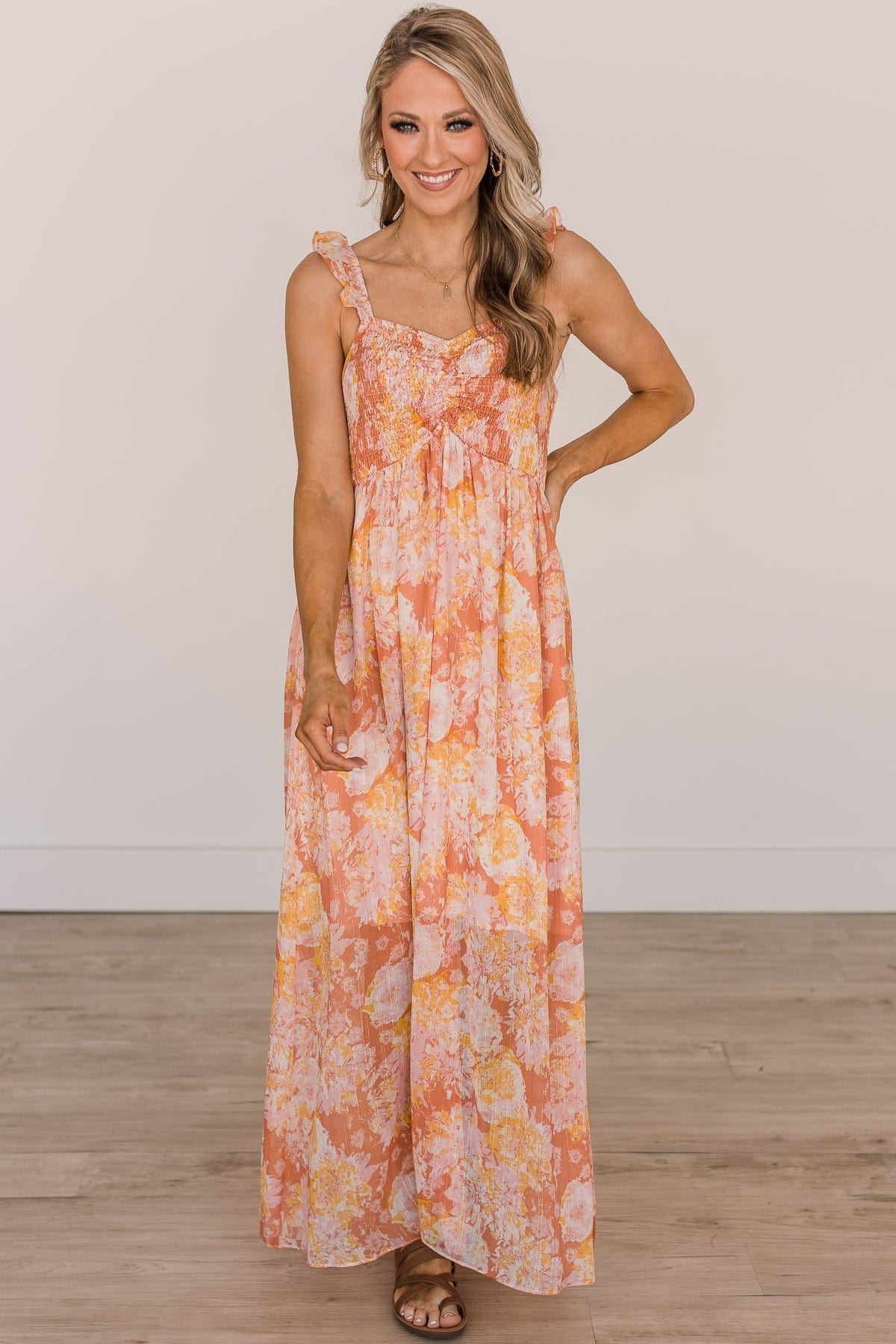 Staying True Floral Maxi Dress- Salmon Pink & Yellow Staying True Floral Maxi Dress- Salmon Pink & Yellow