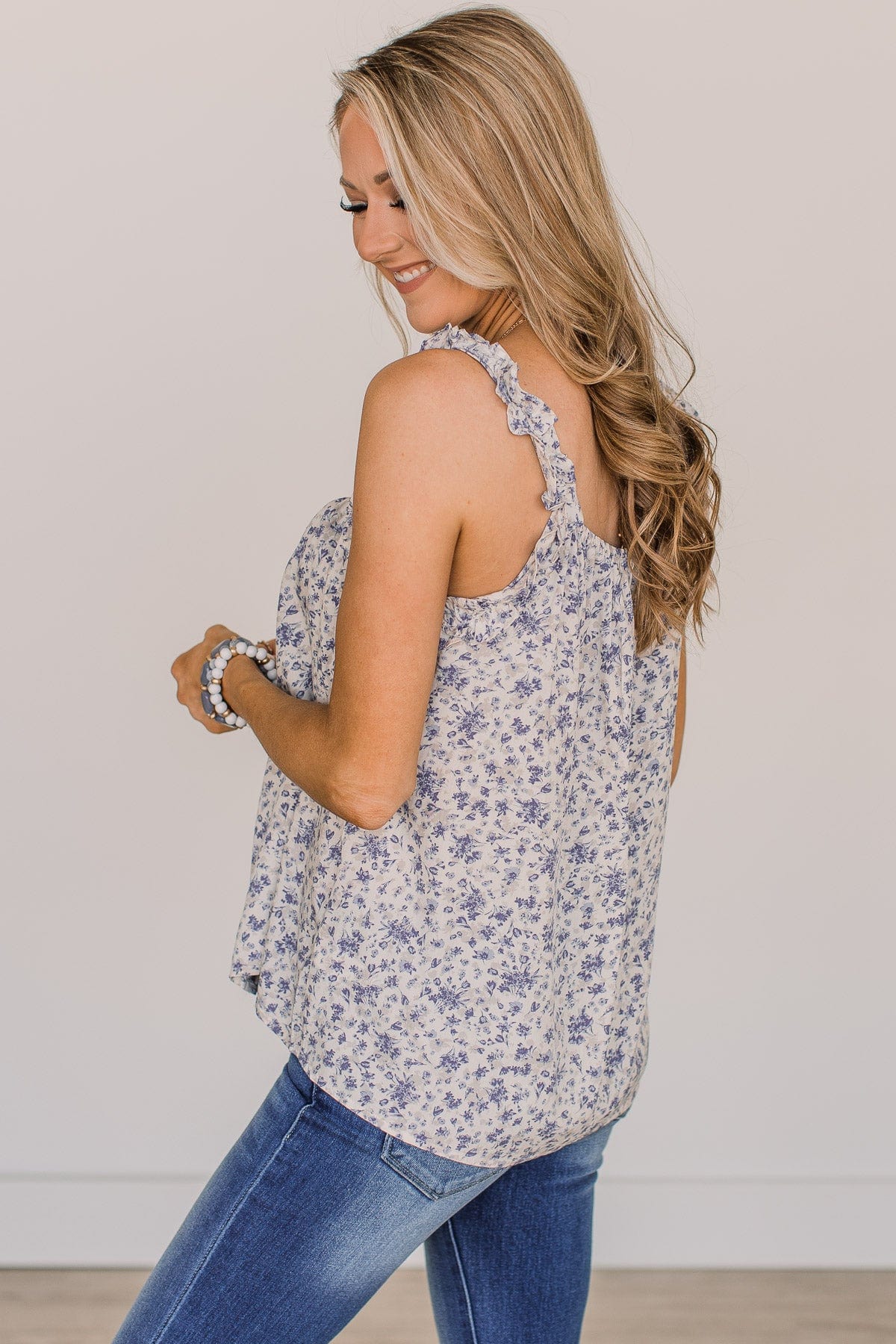 Sweet As Spring Floral Tank Top- Ivory & Blue