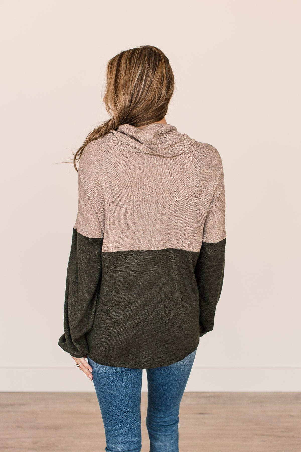 Never Too Close Cowl Neck Top- Taupe & Dark Olive