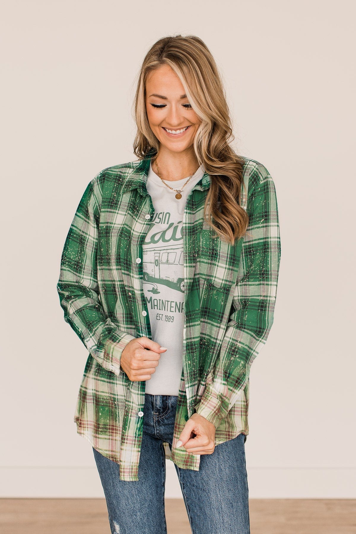 On The Lookout Bleached Plaid Top- Green