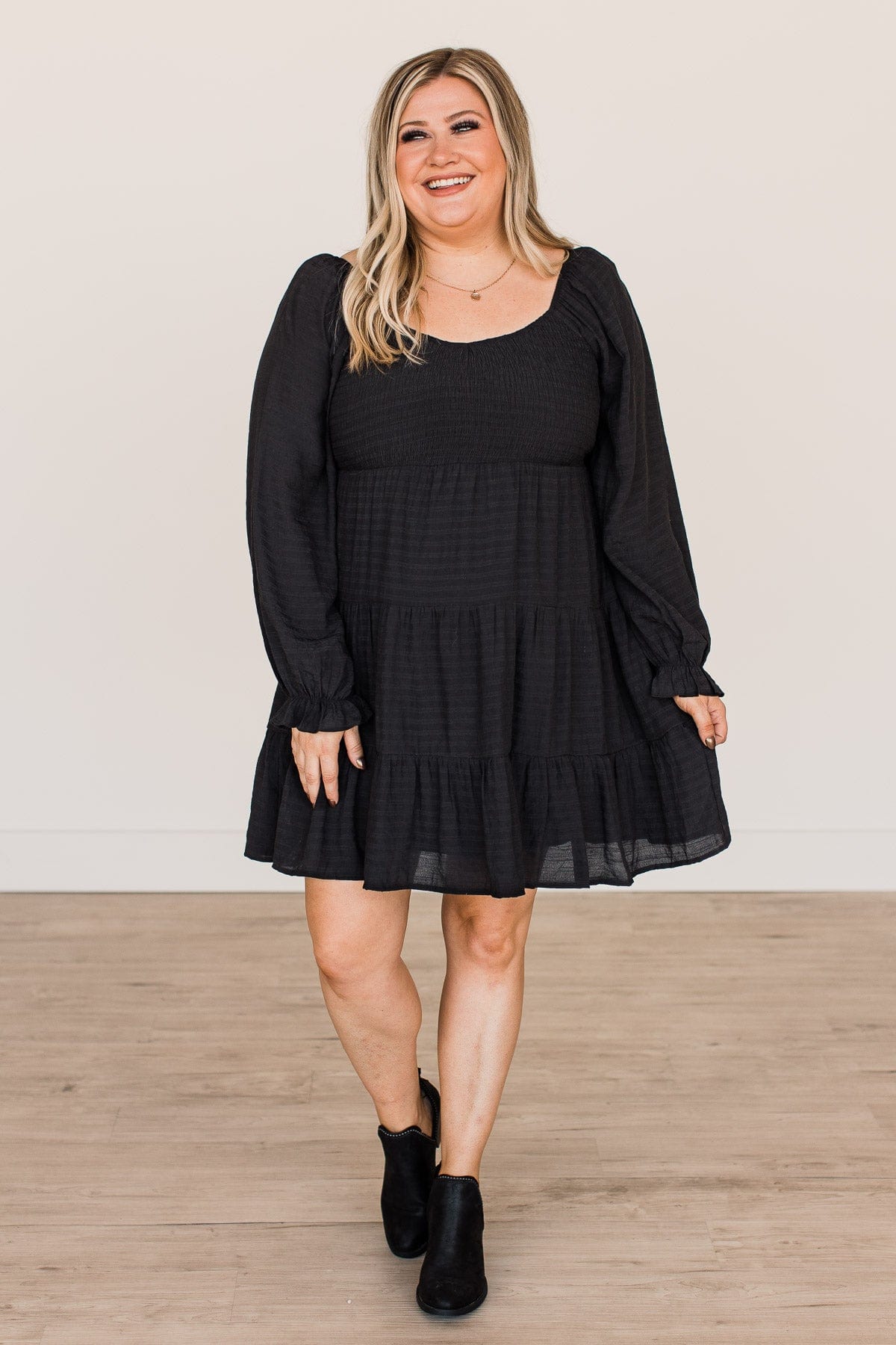 Over The Moon Smocked Dress- Black Over The Moon Smocked Dress- Black