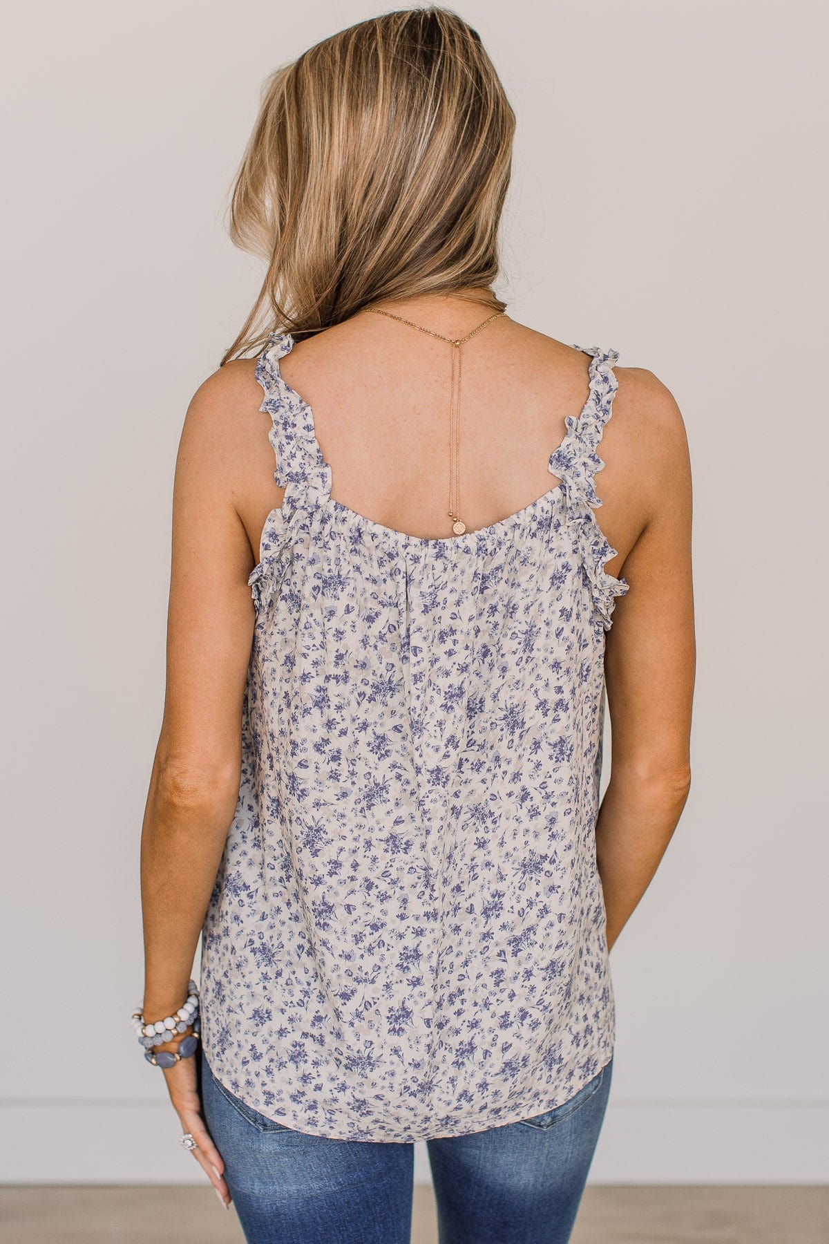 Sweet As Spring Floral Tank Top- Ivory & Blue