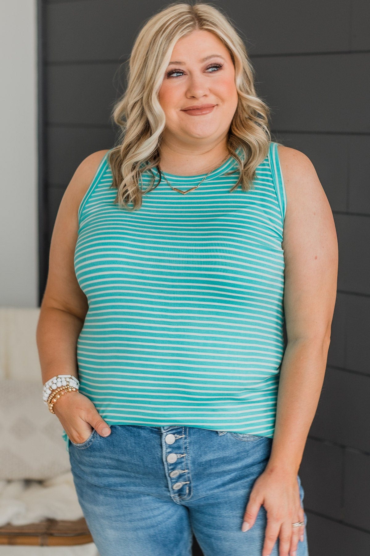 Happiness Achieved Striped Tank Top- Mint Blue