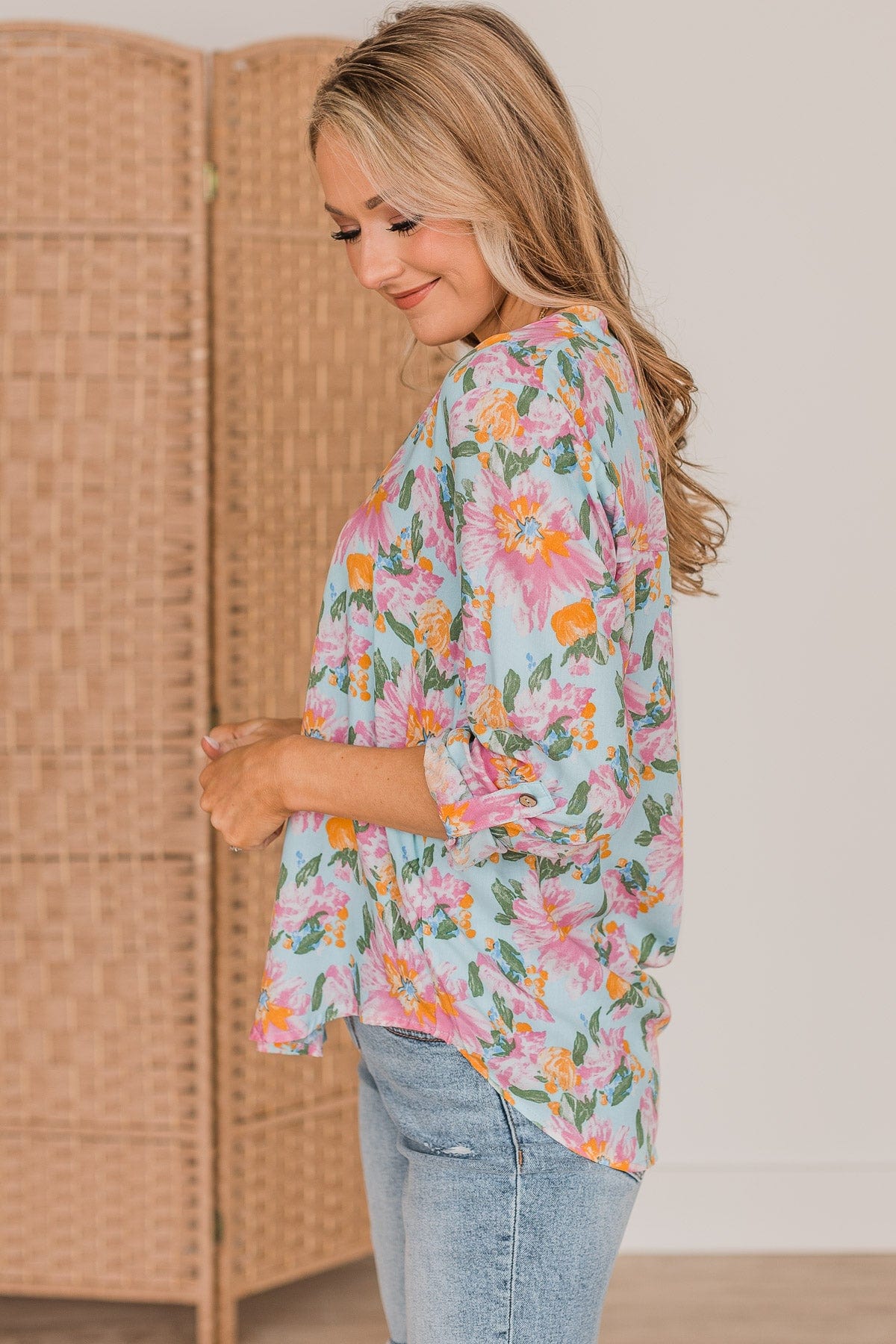 Calling My Name Floral Blouse- Light Blue & Pink