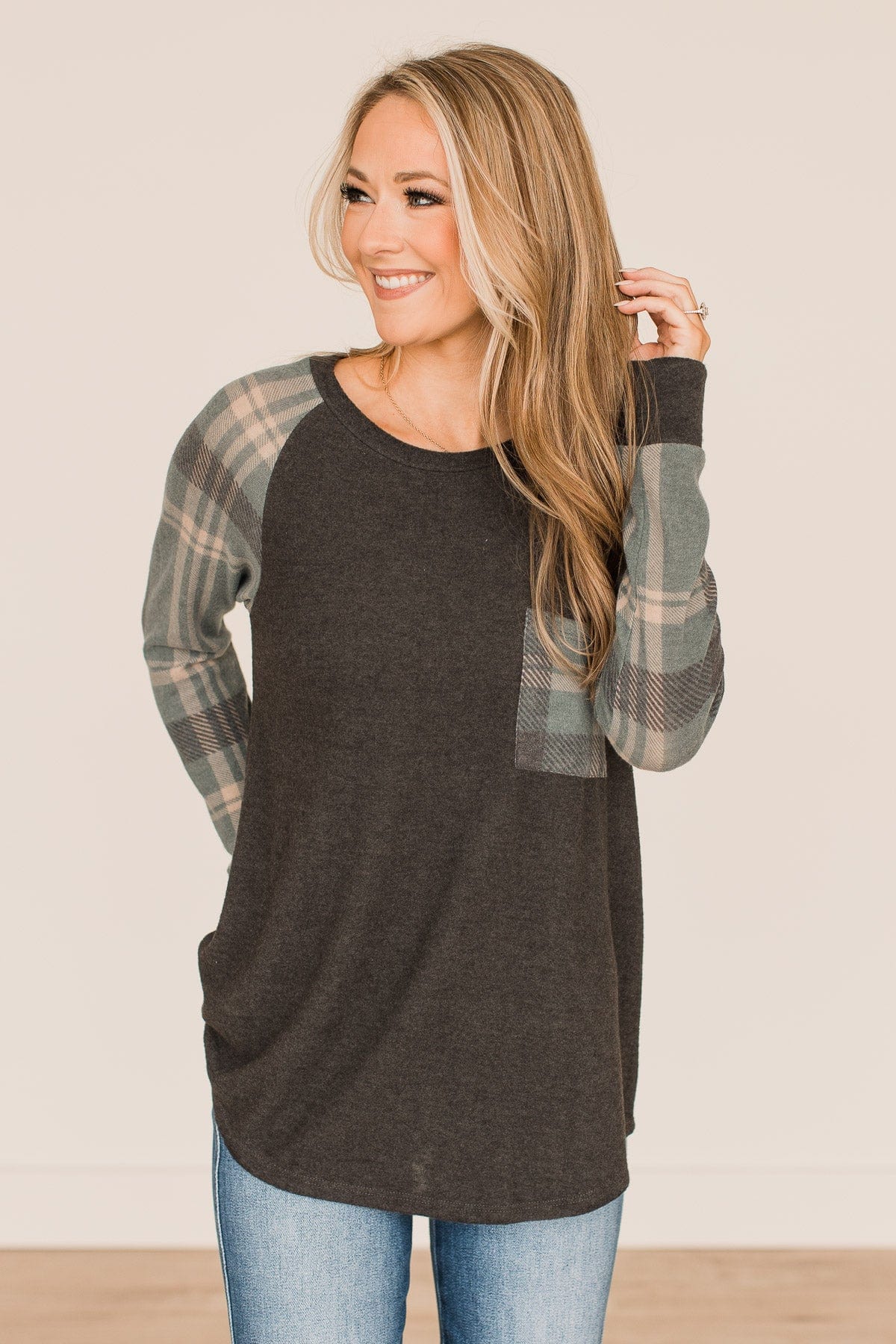 Late Nights In Plaid Pocket Top- Dusty Teal & Charcoal