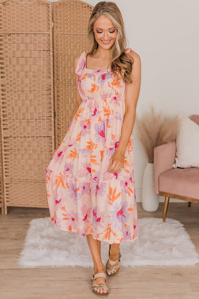 Joyous Occasion Tiered Floral Dress- Pale Orange & Lavender – The Pulse ...