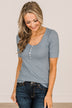 Right Timing Short Sleeve Button Top- Denim Blue