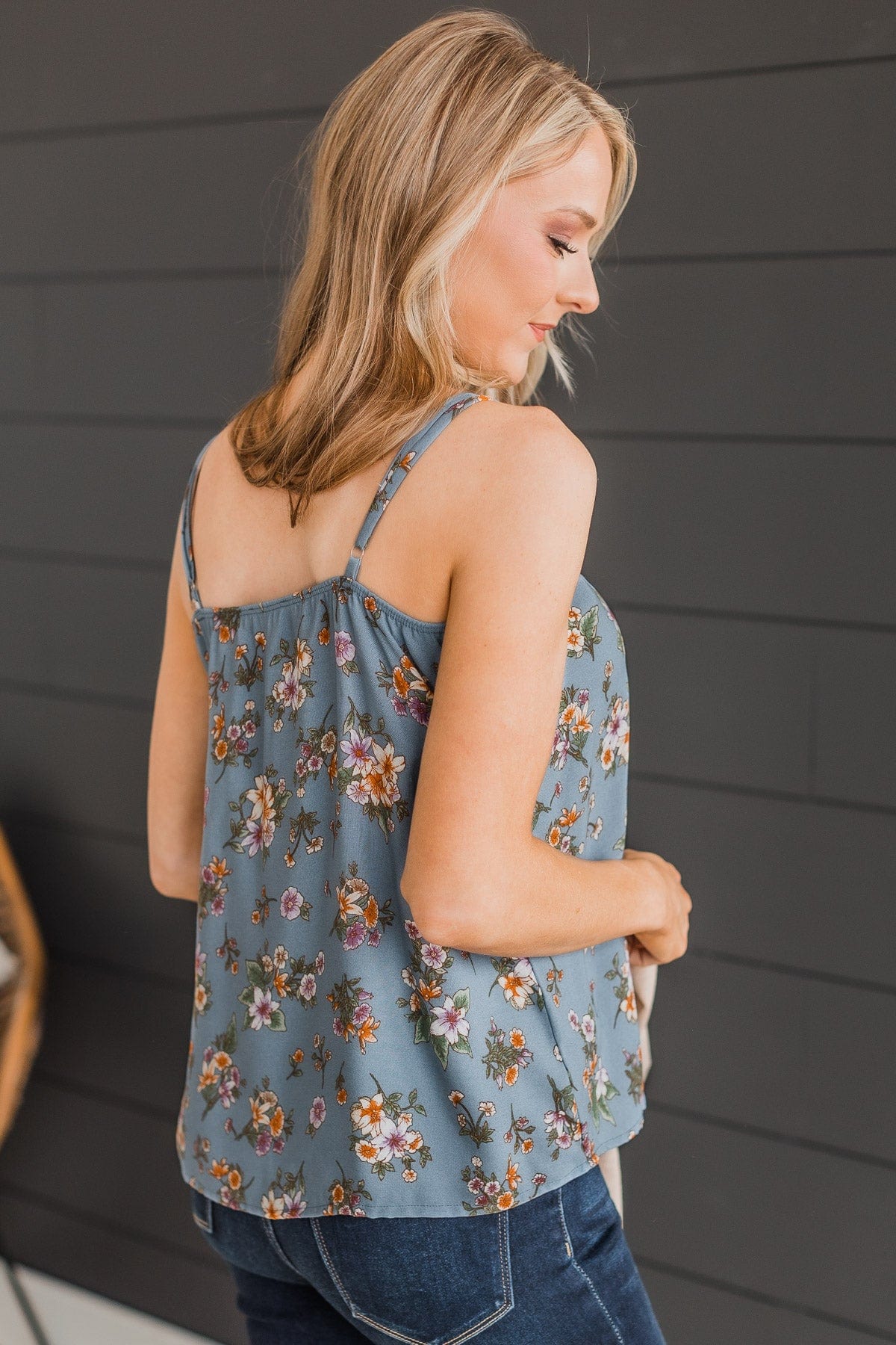 Cross Paths Floral V-Neck Tank Top- Dusty Blue