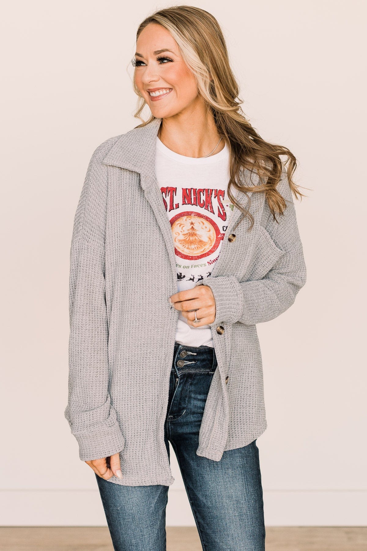 One Step Ahead Knit Button Top- Light Grey
