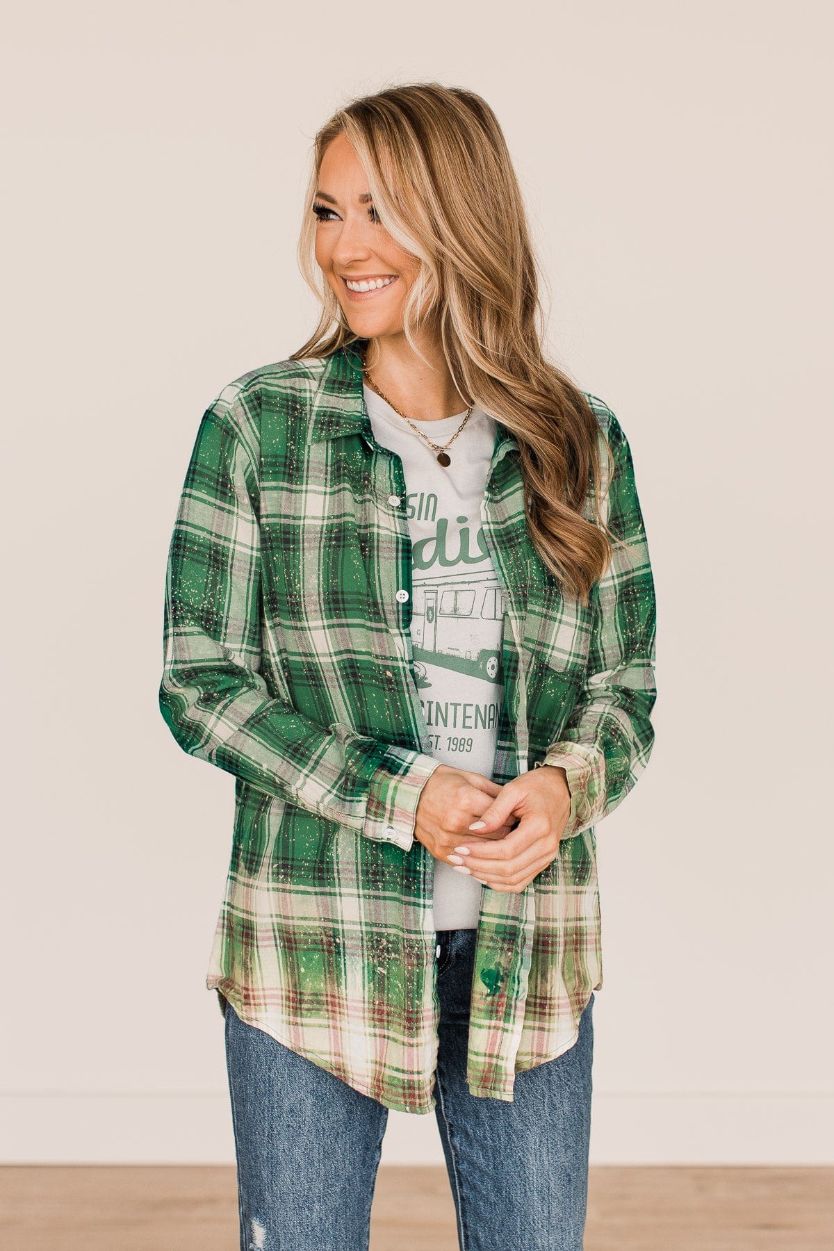 On The Lookout Bleached Plaid Top- Green