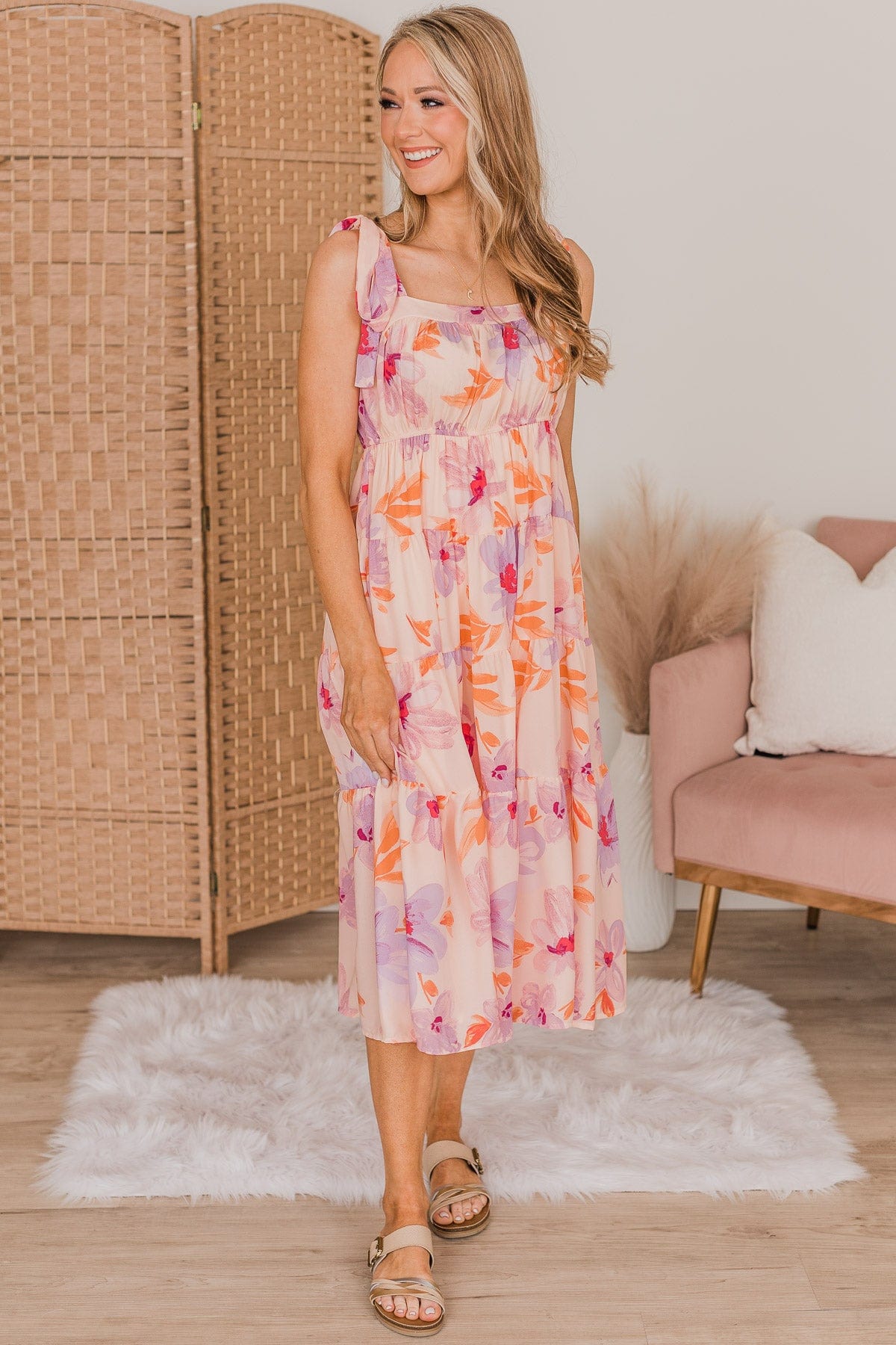Joyous Occasion Tiered Floral Dress- Pale Orange & Lavender – The Pulse ...