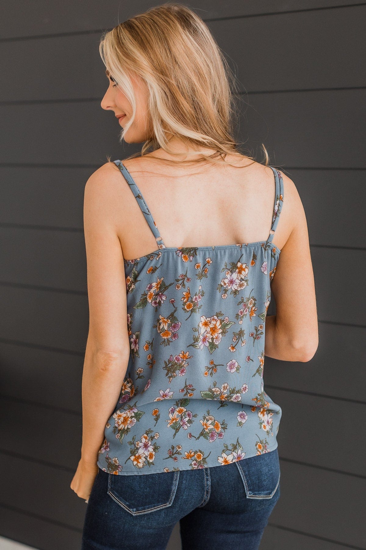 Cross Paths Floral V-Neck Tank Top- Dusty Blue