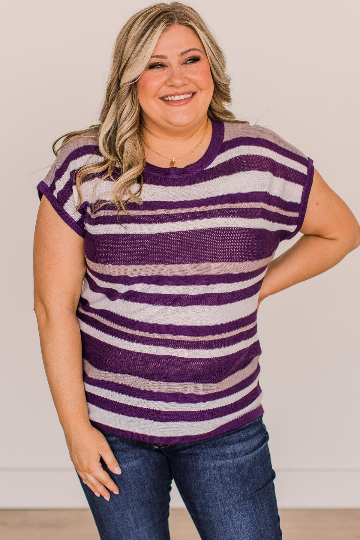 Hold Tight Striped Knit Top- Ivory & Purple