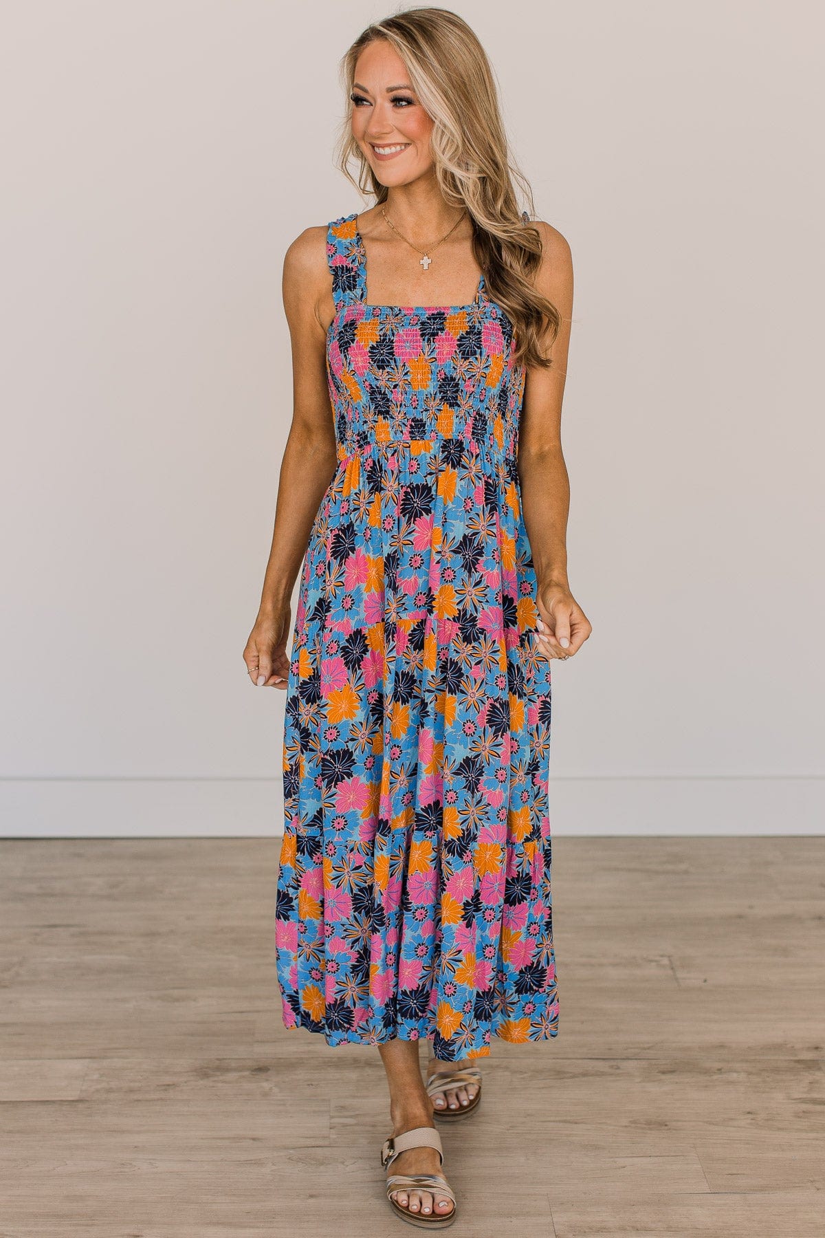 Highlight Of Today Floral Midi Dress- Blue, Pink, & Orange