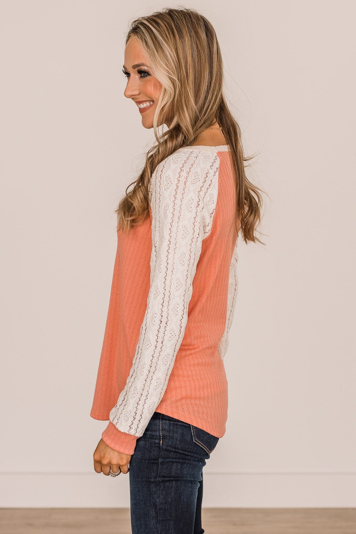 Laced With Love Crochet Knit Top- Coral & Ivory