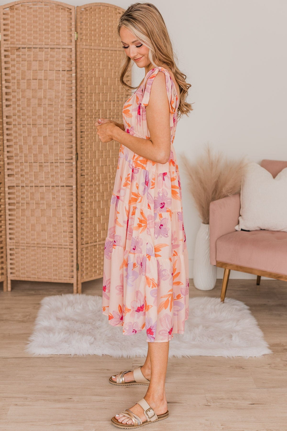 Joyous Occasion Tiered Floral Dress- Pale Orange & Lavender – The Pulse ...
