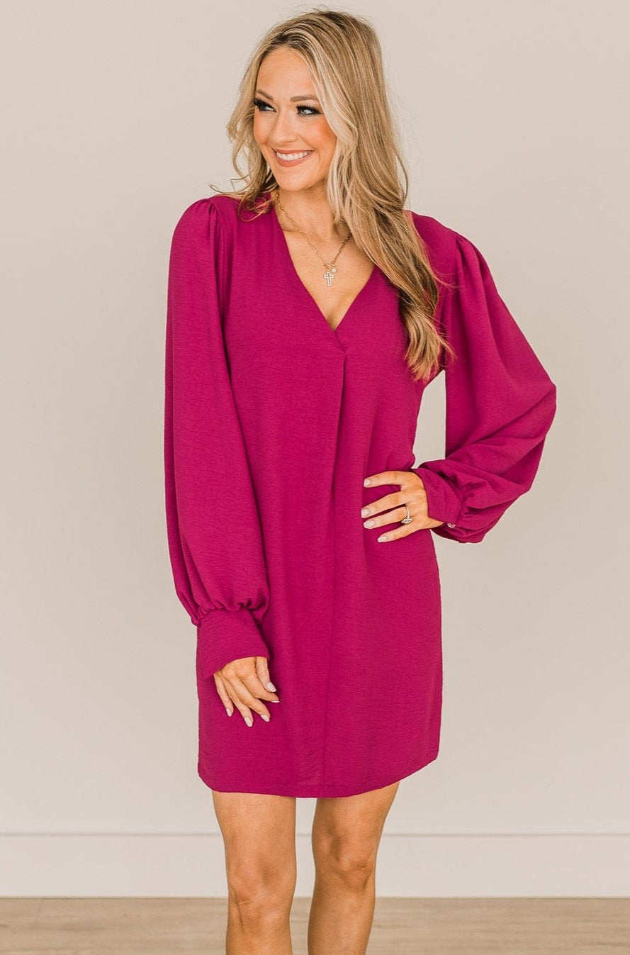 Feeling Cute Long Sleeve Shift Dress- Magenta Feeling Cute Long Sleeve Shift Dress- Magenta
