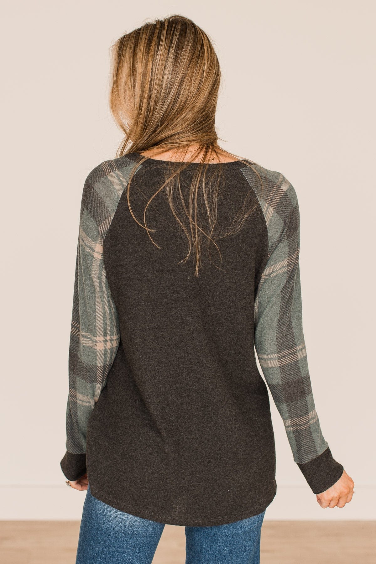 Late Nights In Plaid Pocket Top- Dusty Teal & Charcoal
