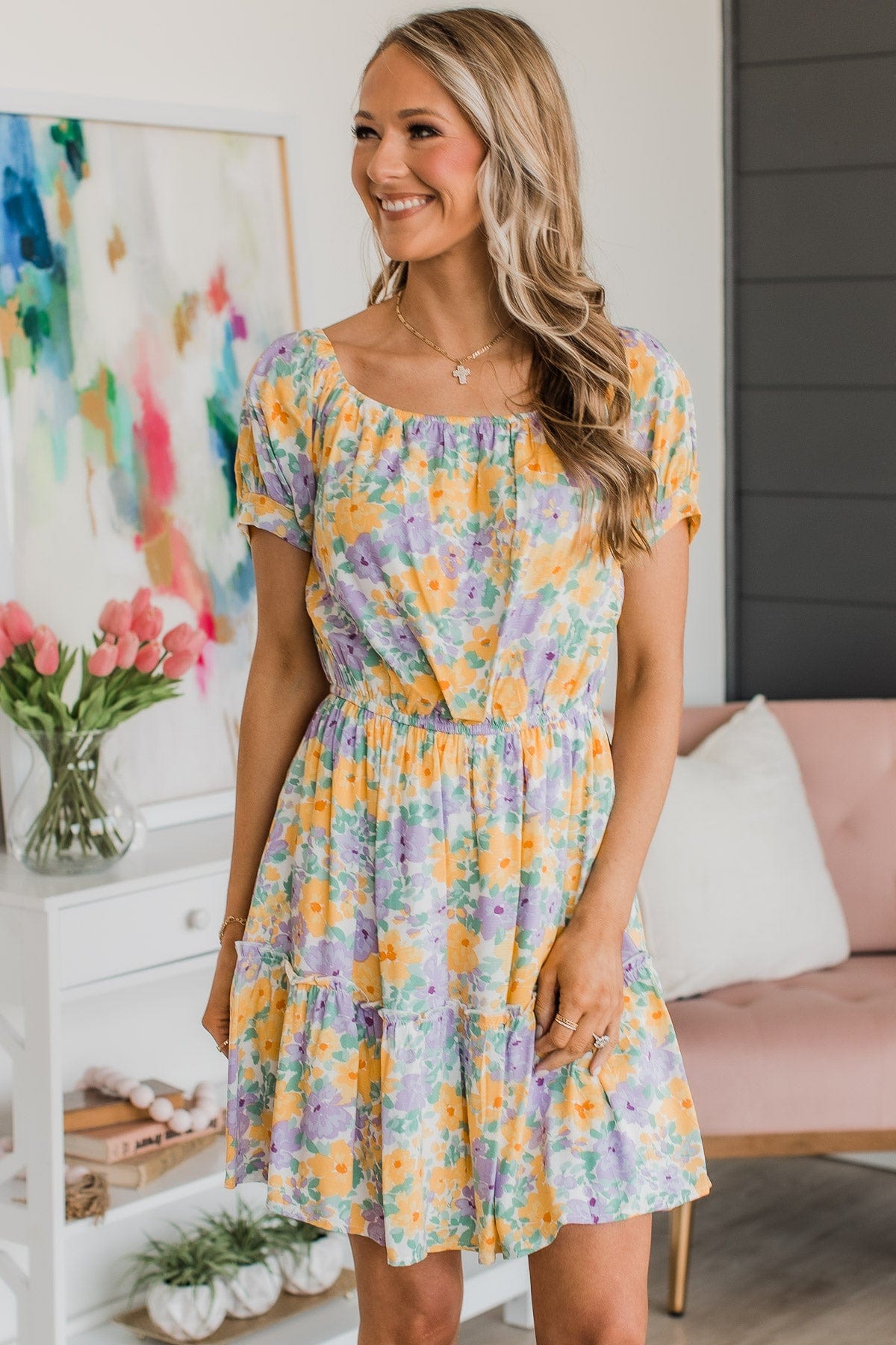purple yellow floral dress Margaret One Shoulder Draped Floral Dress