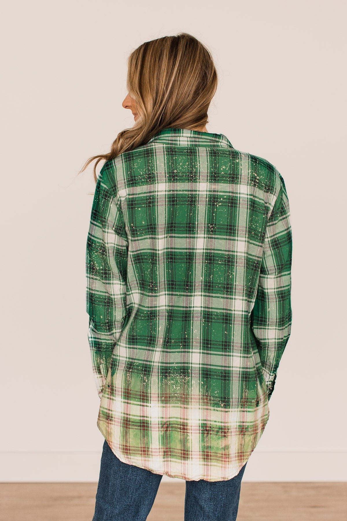 On The Lookout Bleached Plaid Top- Green