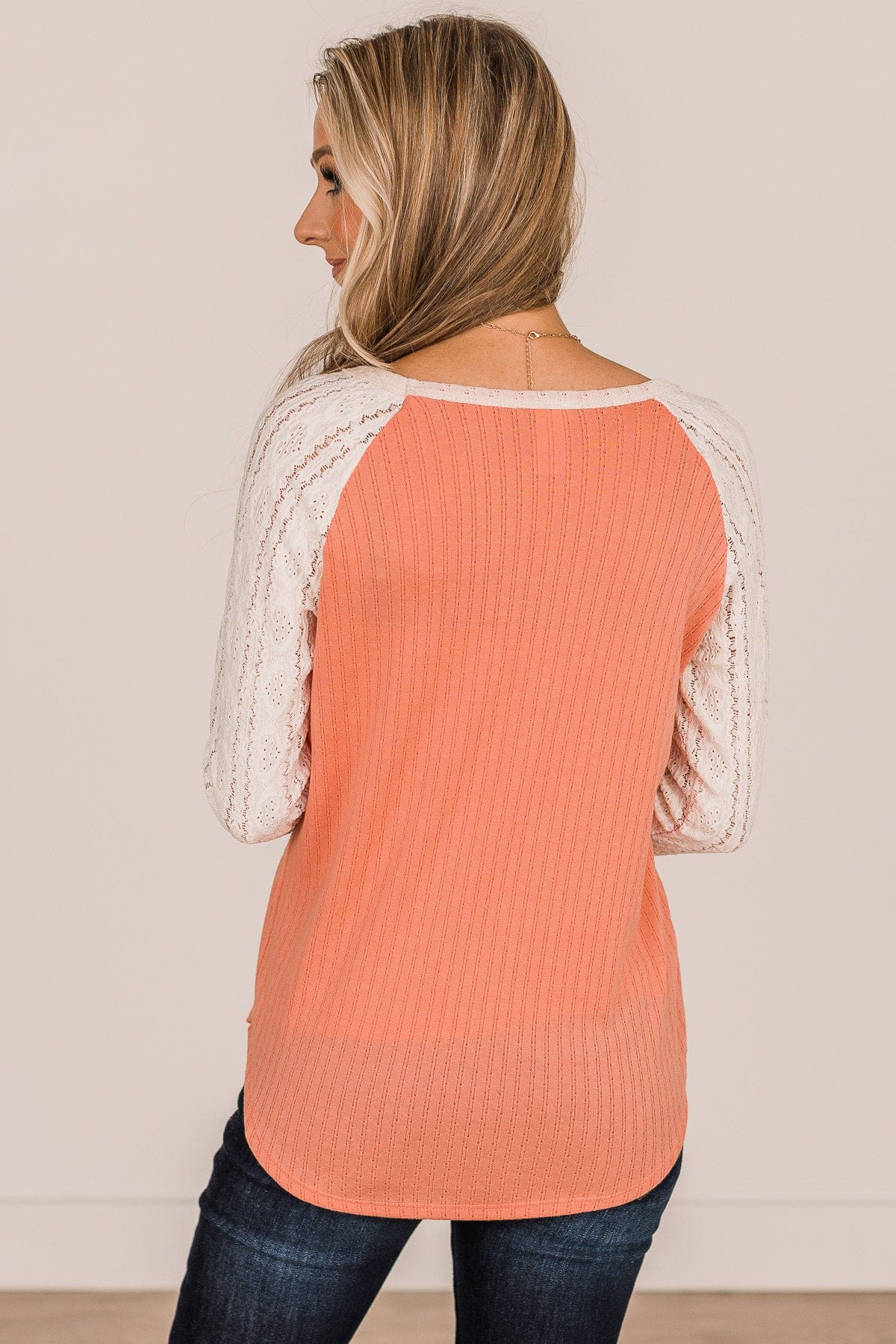 Laced With Love Crochet Knit Top- Coral & Ivory