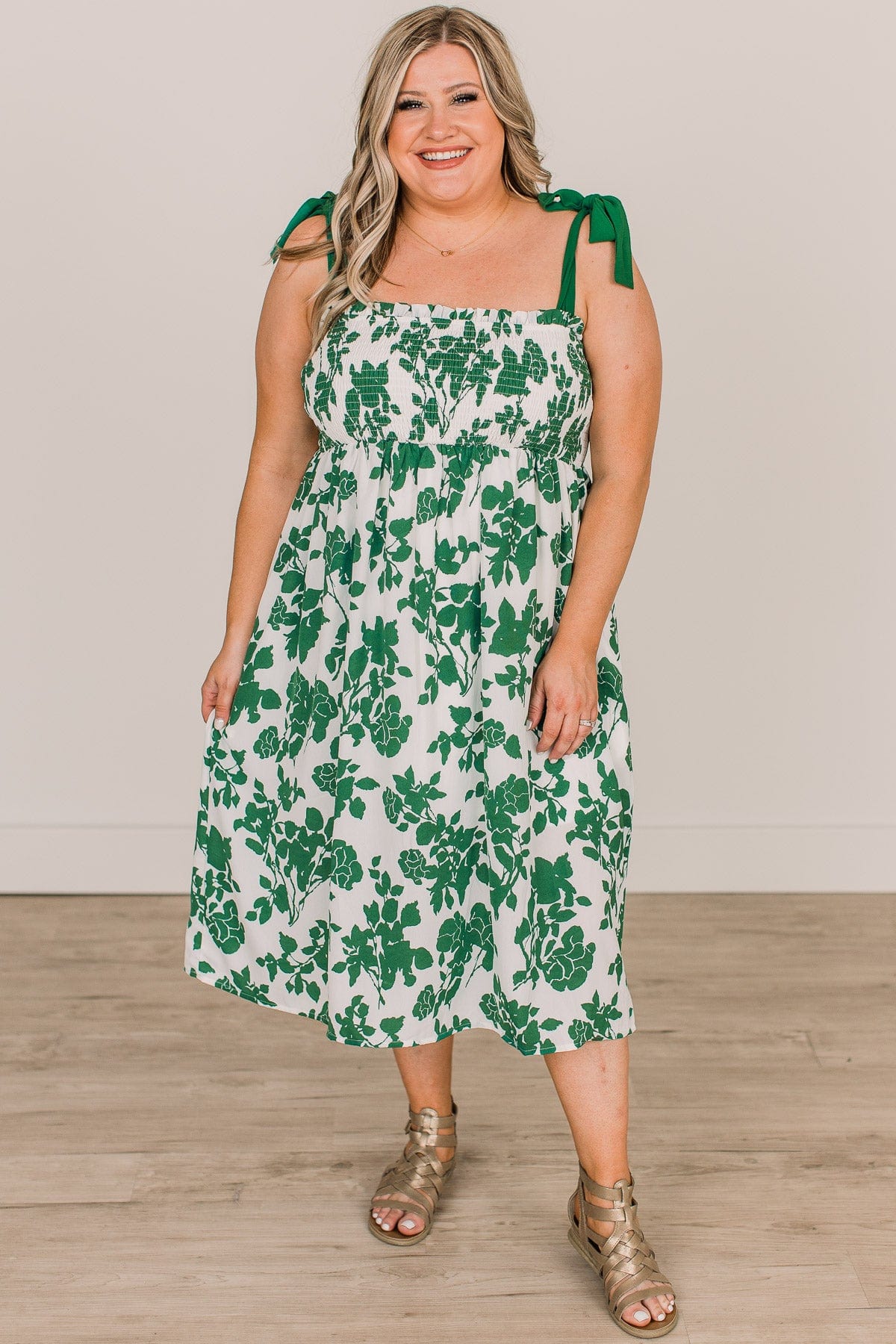 My Lucky Day Floral Smocked Dress- Green & Ivory