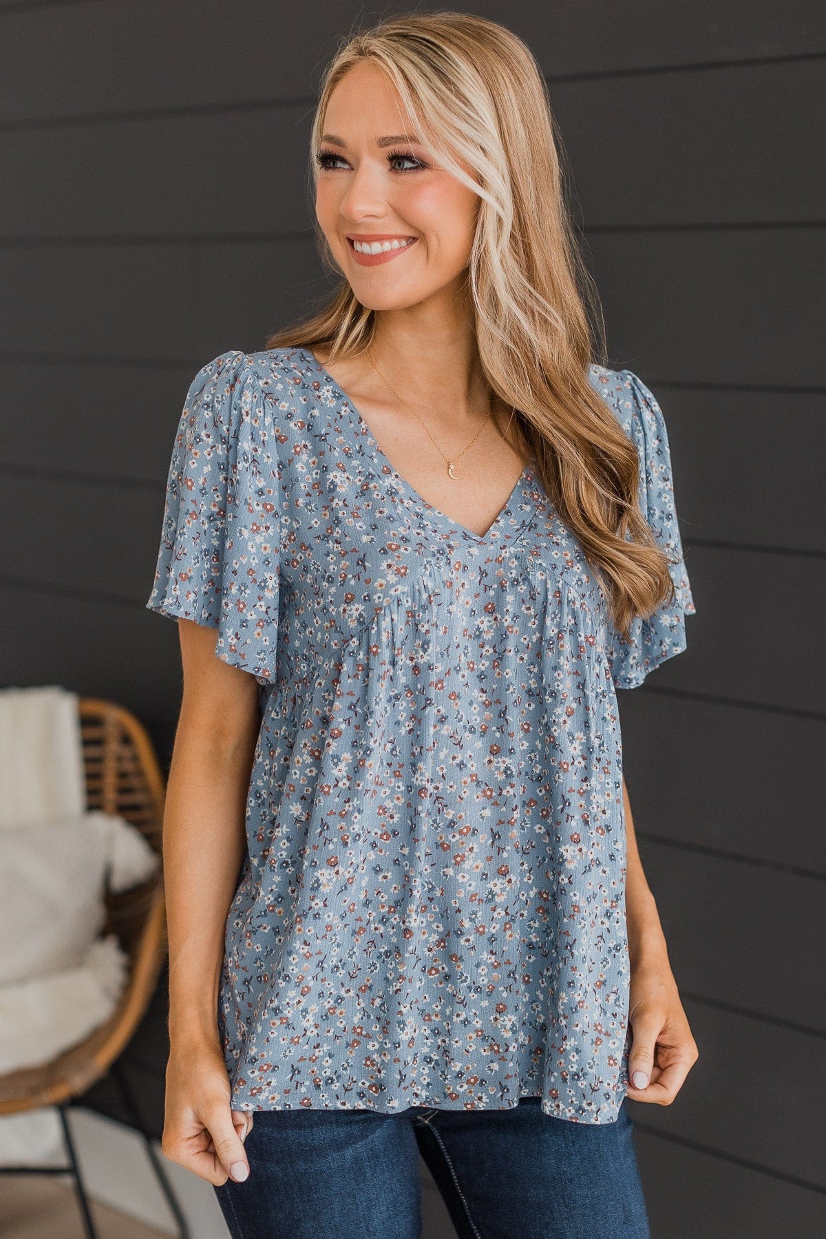 Blushing Beauty Floral Top- Denim Blue