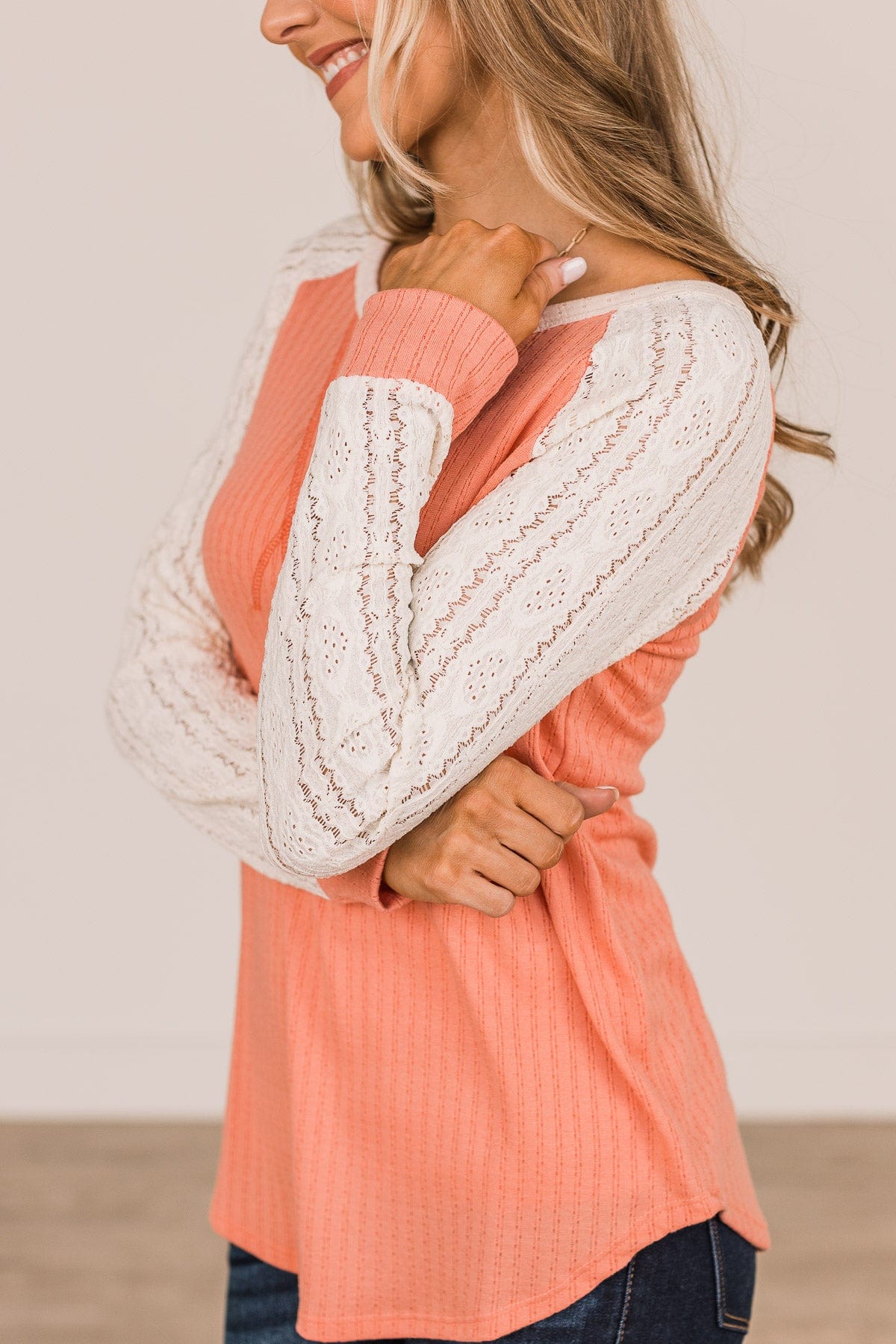 Laced With Love Crochet Knit Top- Coral & Ivory