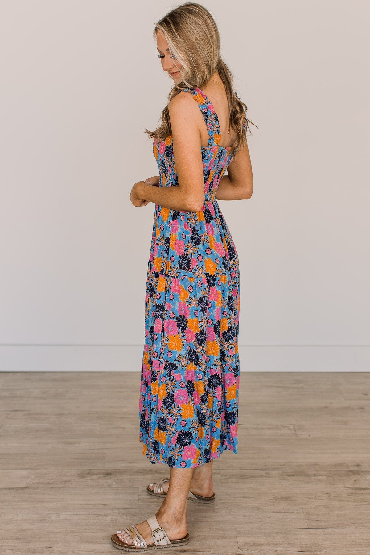 Highlight Of Today Floral Midi Dress- Blue, Pink, & Orange