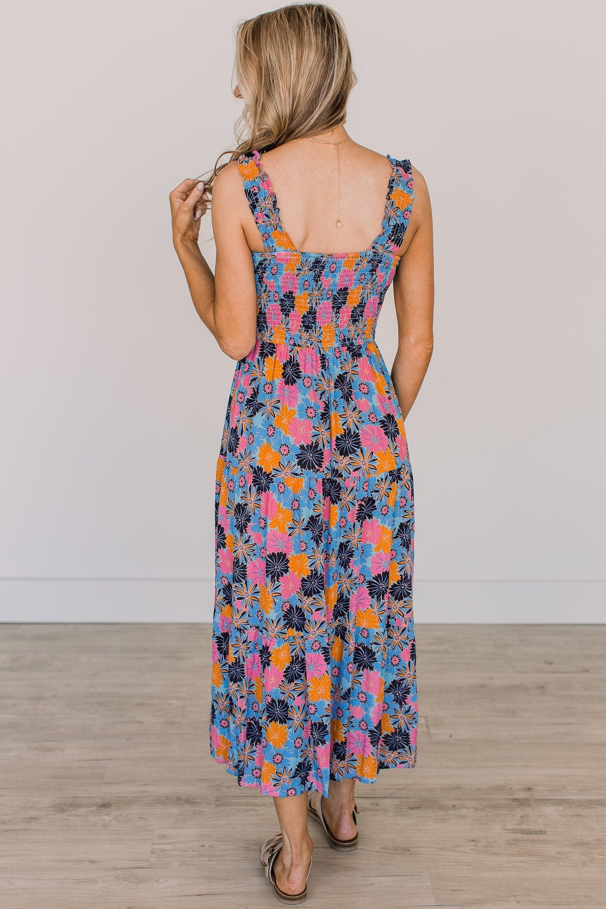 Highlight Of Today Floral Midi Dress- Blue, Pink, & Orange