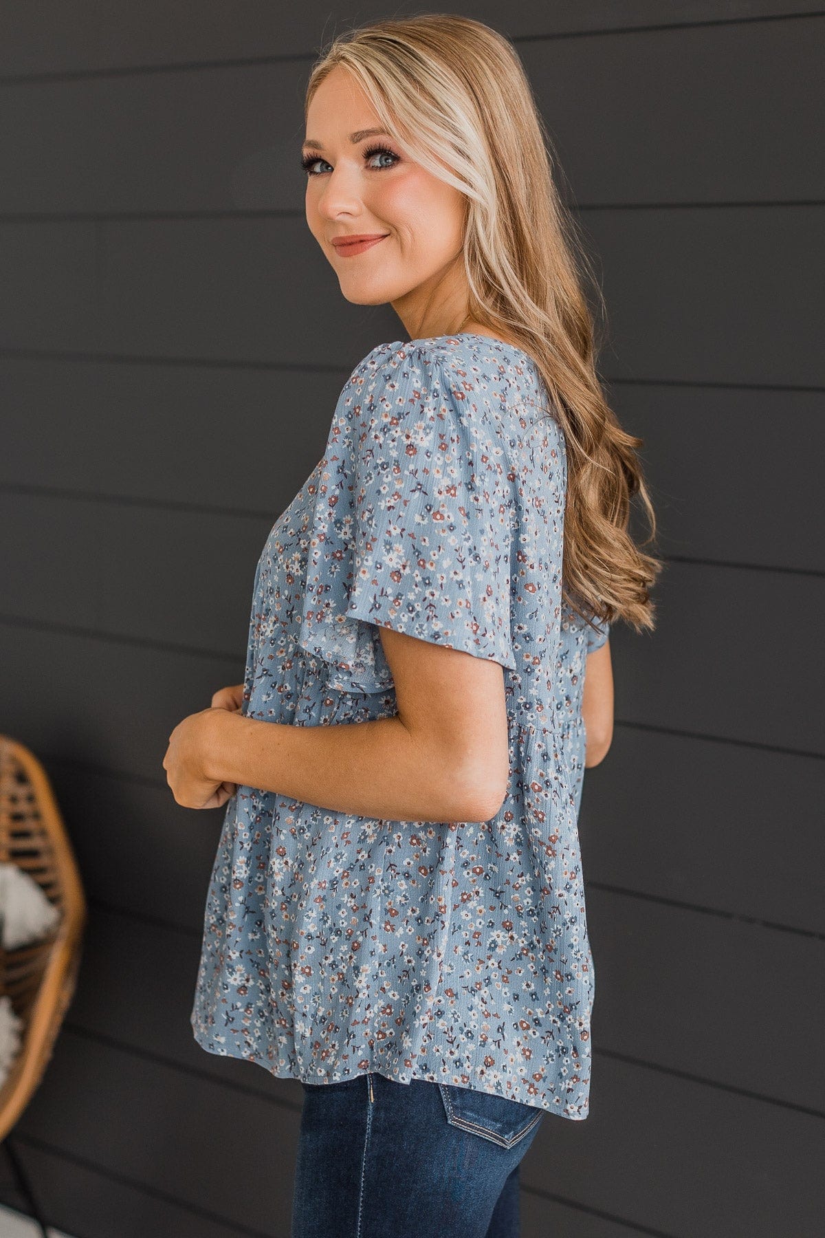 Blushing Beauty Floral Top- Denim Blue