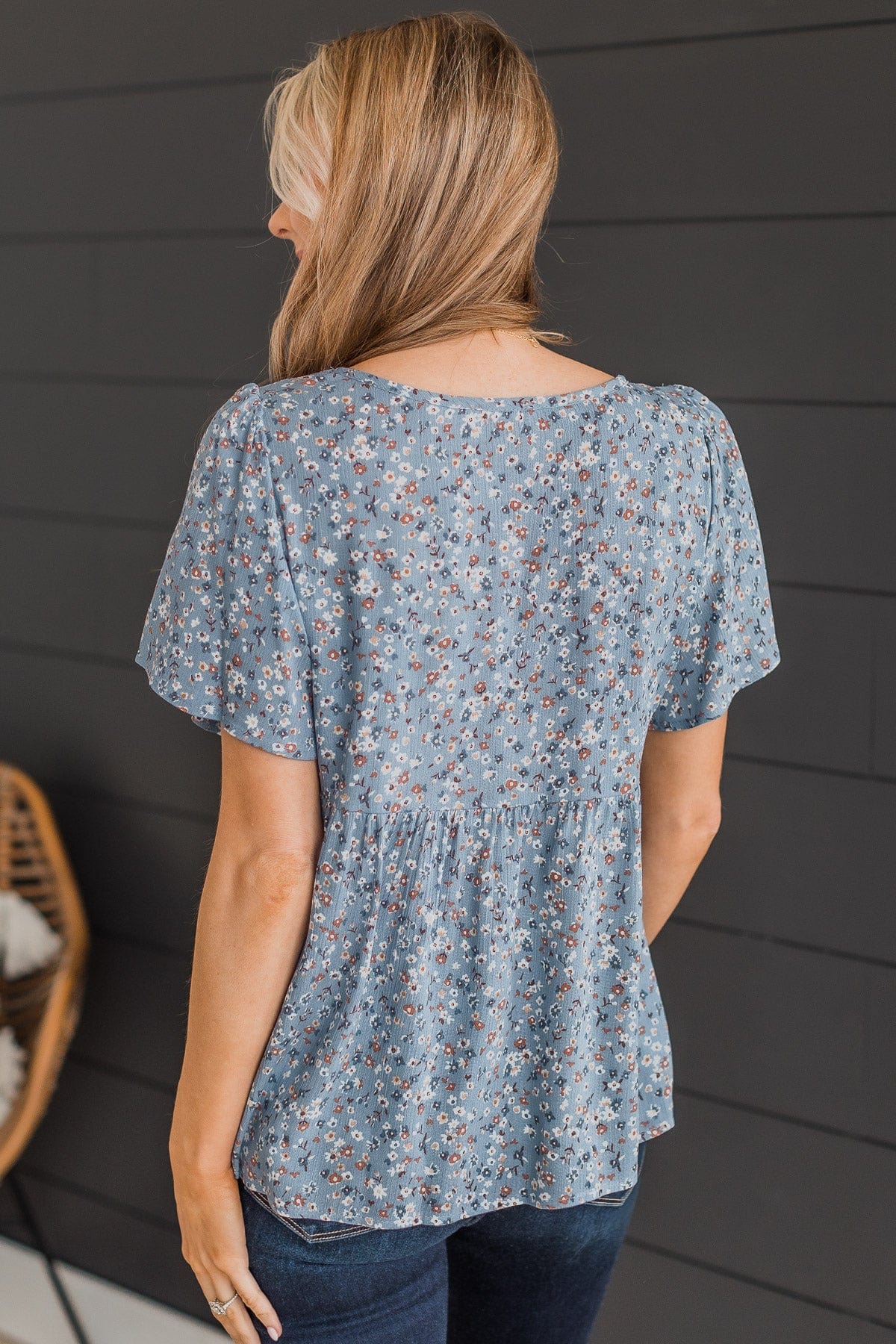 Blushing Beauty Floral Top- Denim Blue