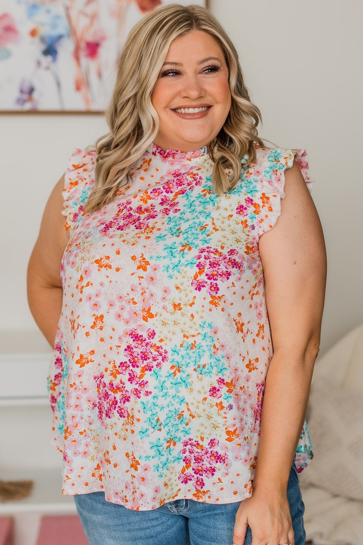Right Beside You Floral Ruffle Top- Ivory & Pink