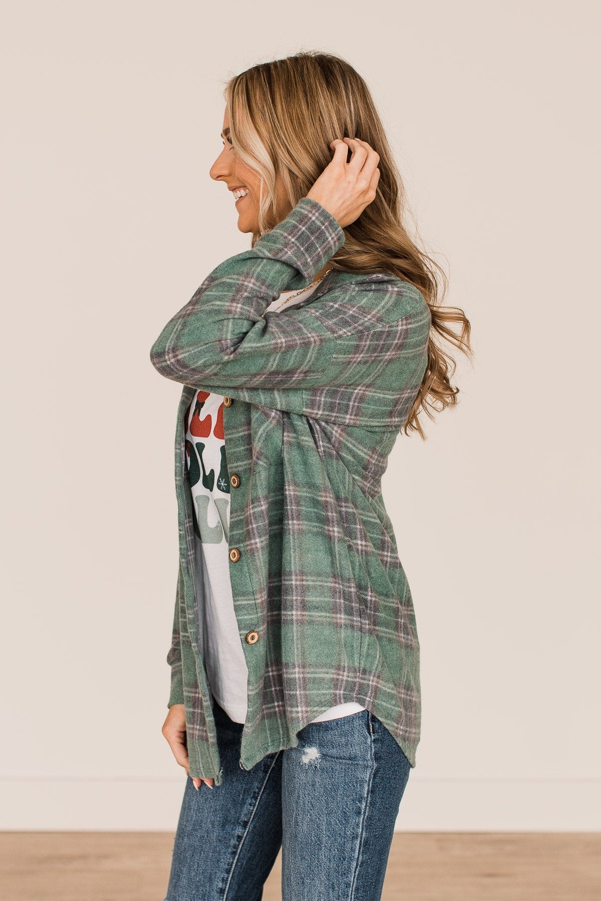 All In Plaid Button Top- Dusty Jade