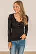 Give Your Best Long Sleeve Henley Top- Black