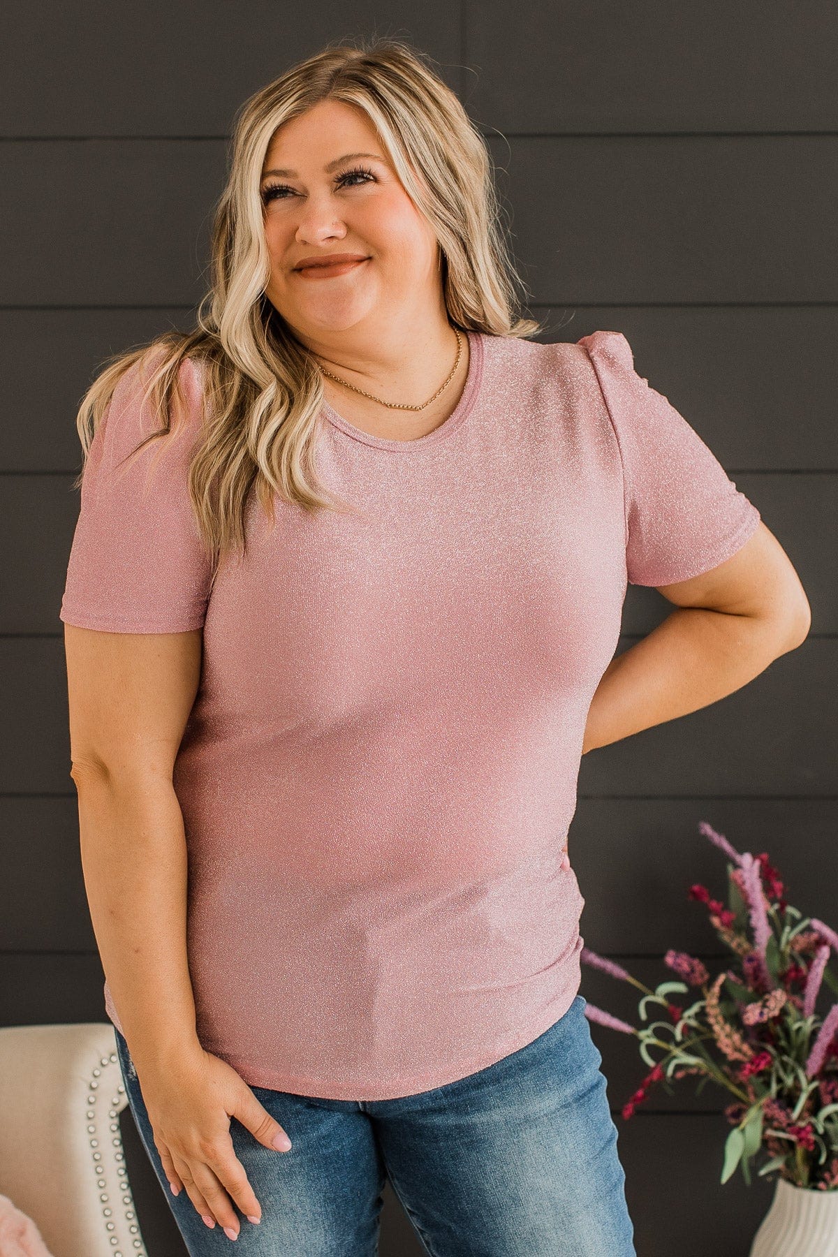 Own The Evening Short Sleeve Shimmer Top- Light Pink