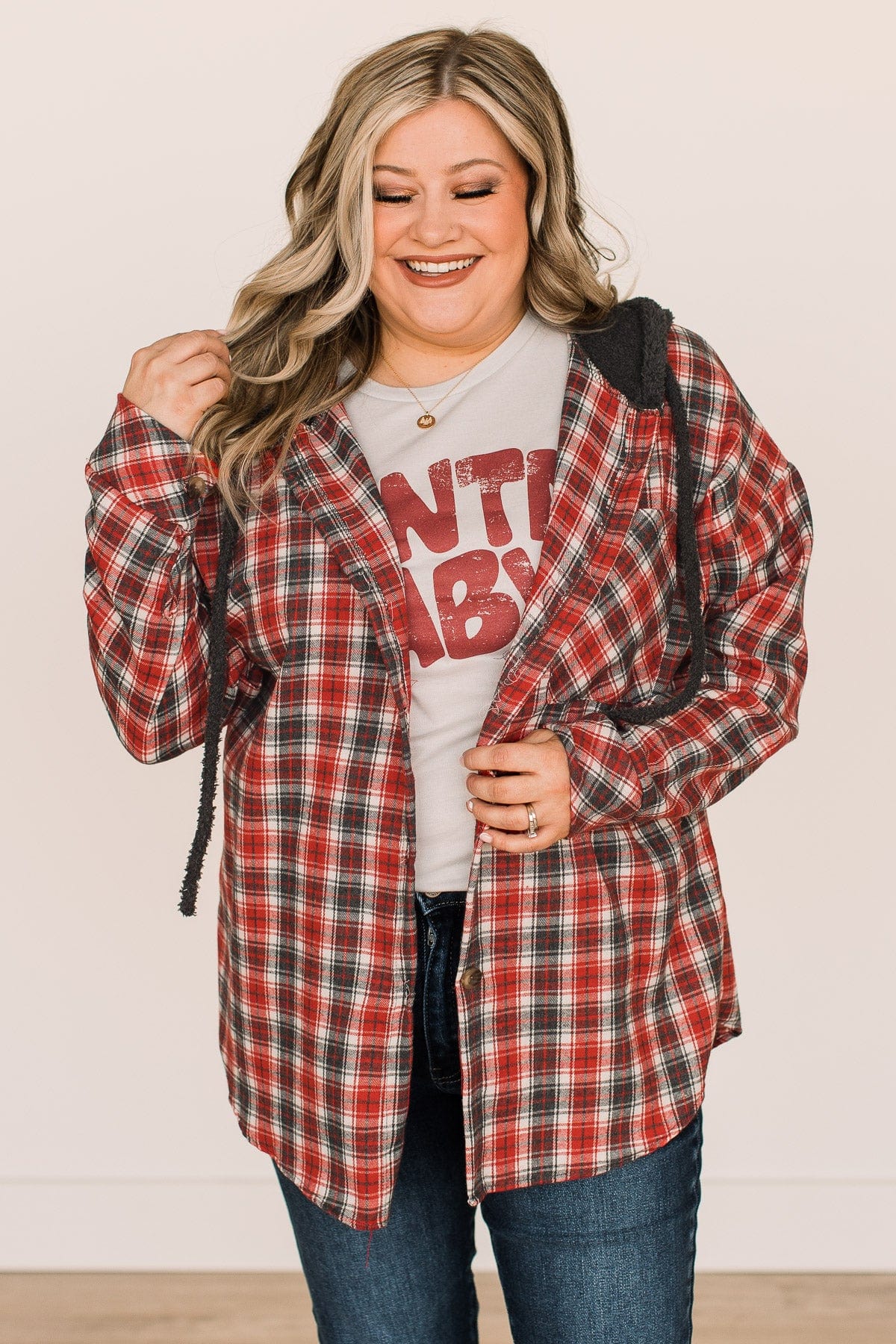 Take The Leap Hooded Plaid Top- Red & Charcoal