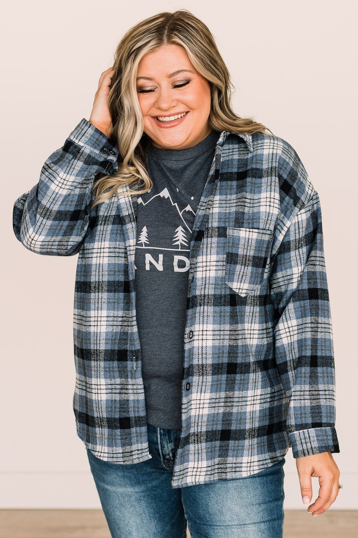 Missing You Plaid Button Top- Navy