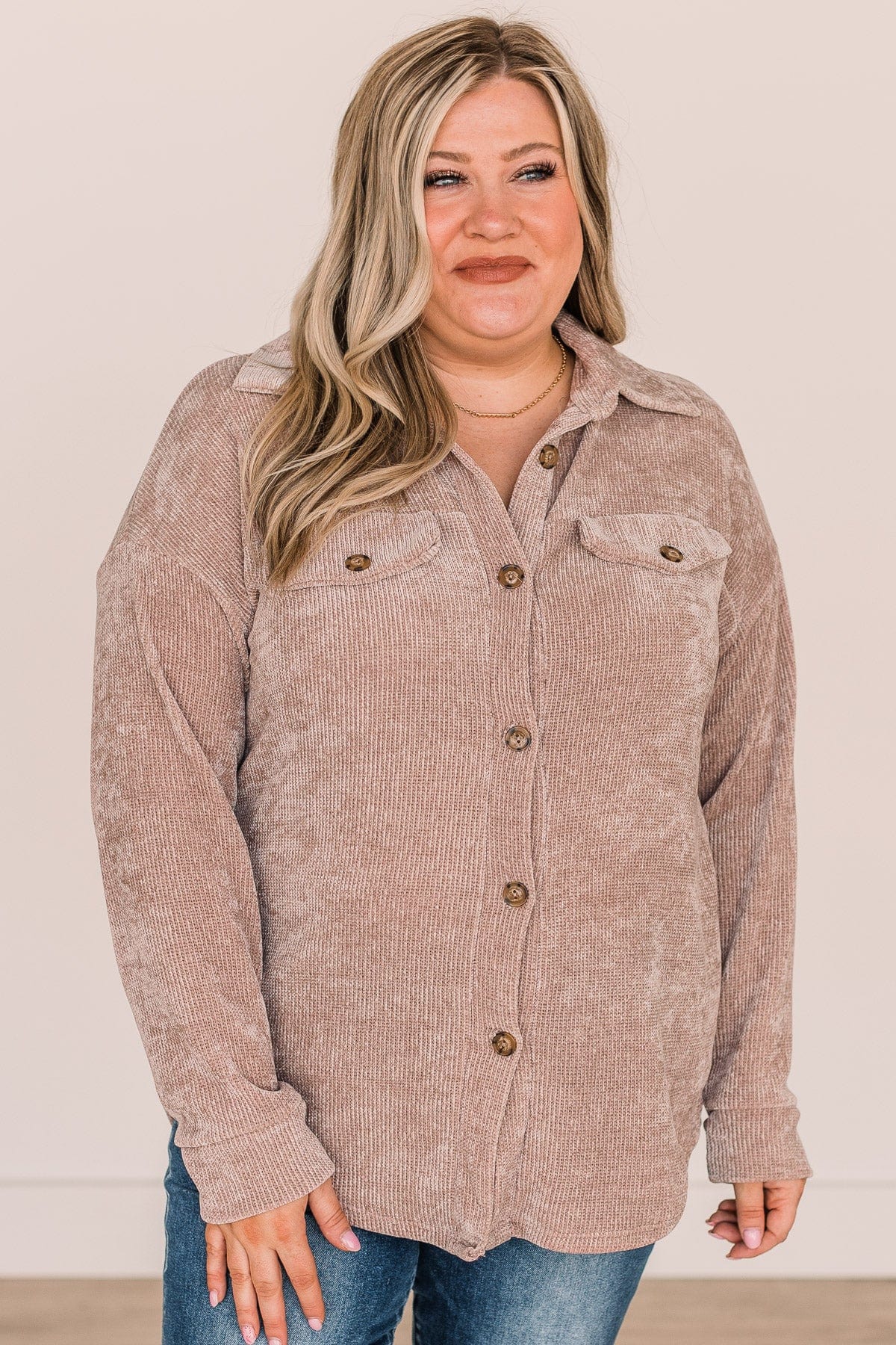 Cause For Applause Knit Button Top- Light Mocha