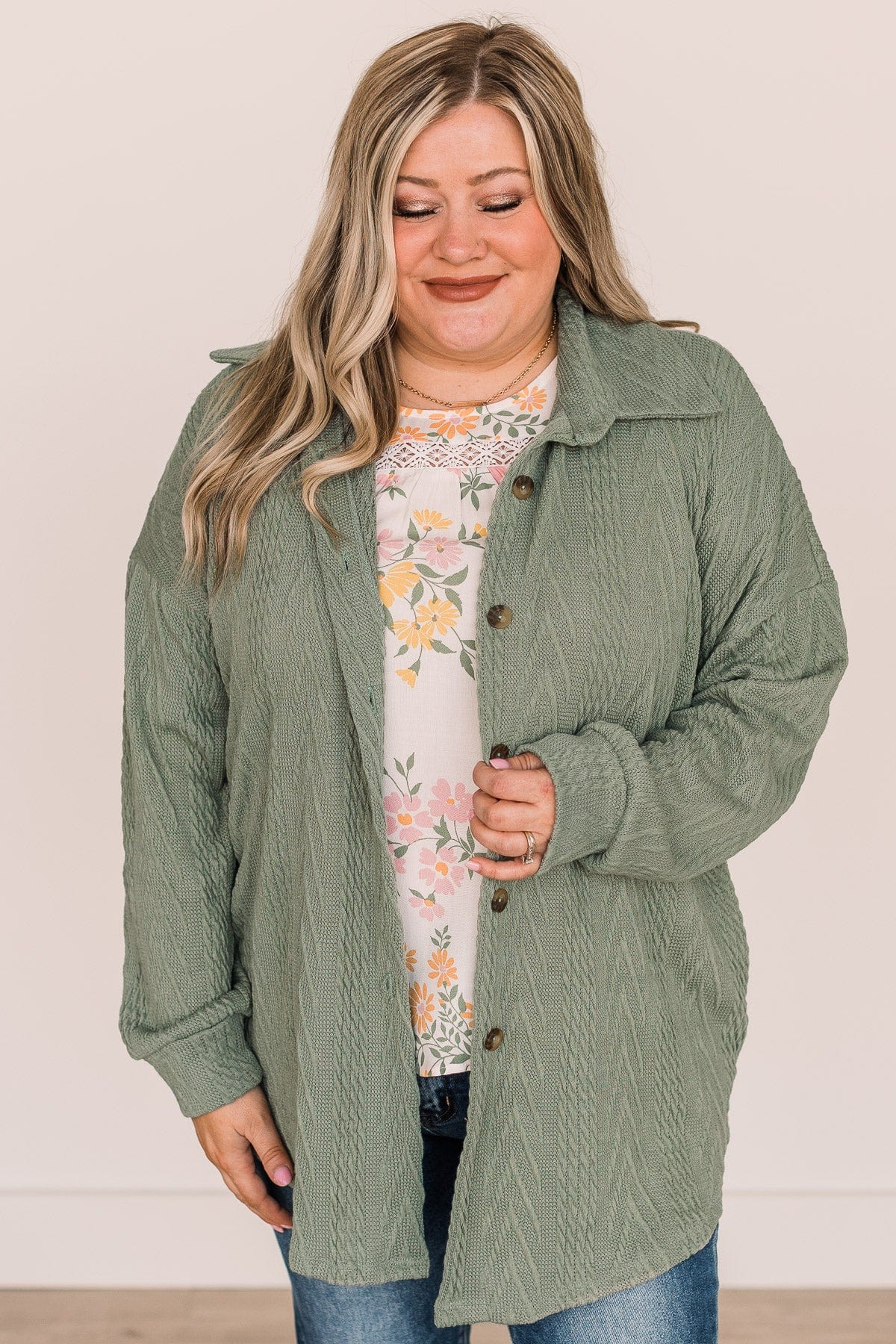 Simply Radiant Cable Knit Button Top- Olive