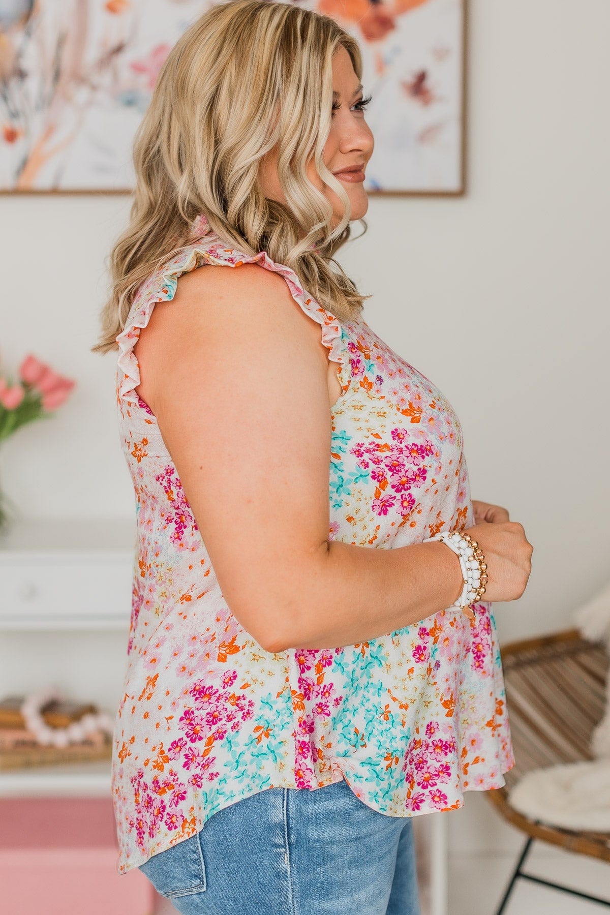 Right Beside You Floral Ruffle Top- Ivory & Pink