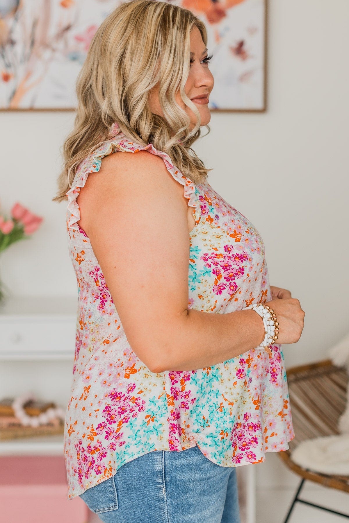 Right Beside You Floral Ruffle Top- Ivory & Pink