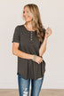 Best Regards Short Sleeve Button Top- Dark Grey