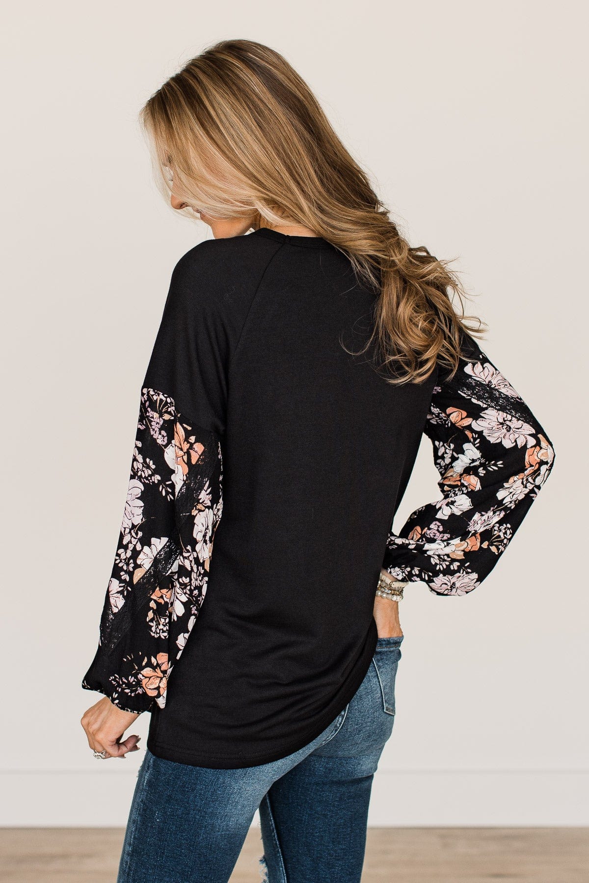 One To Remember Floral Sleeve Top- Black