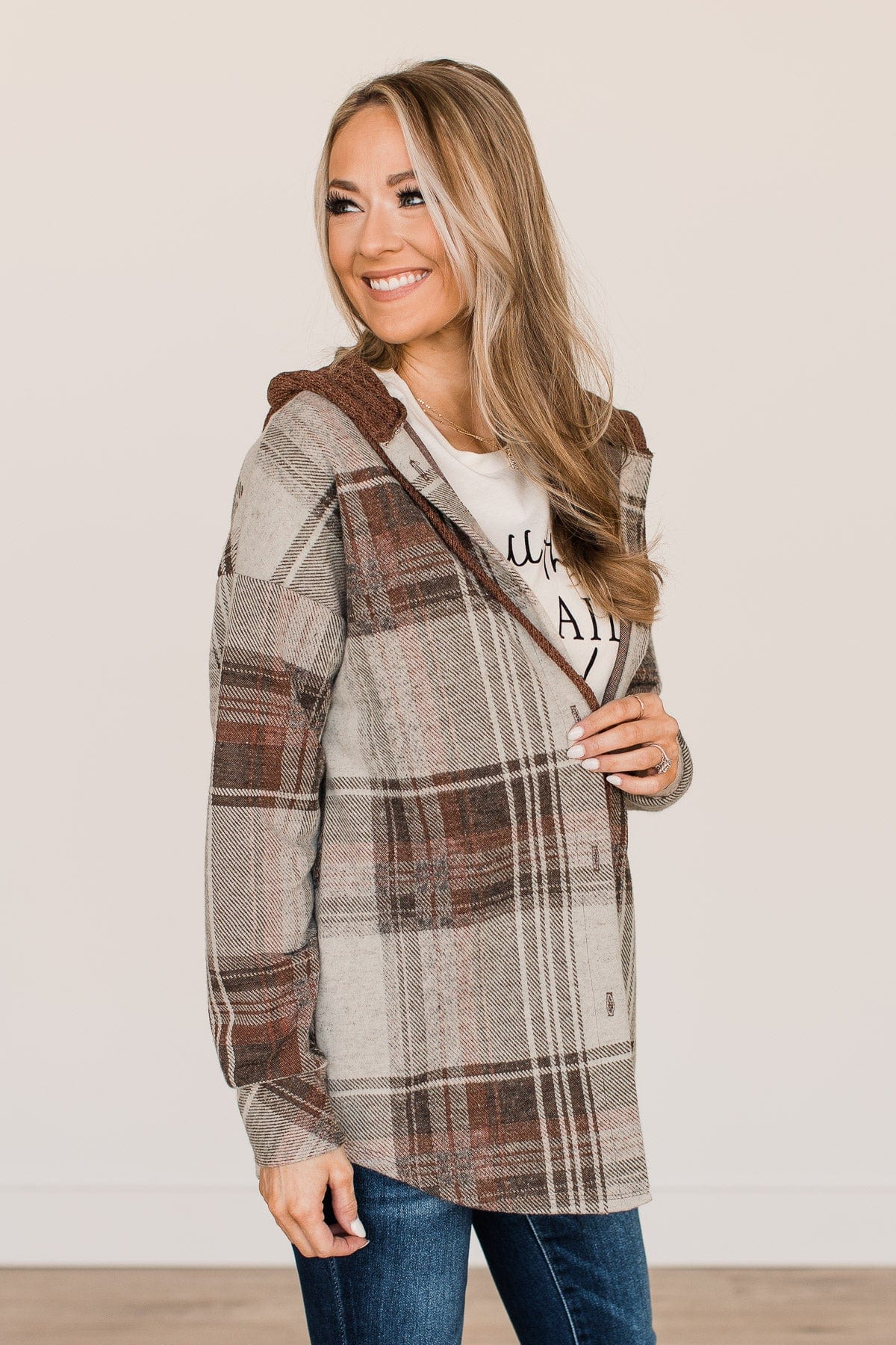 Sitting Fireside Hooded Button Top- Brown