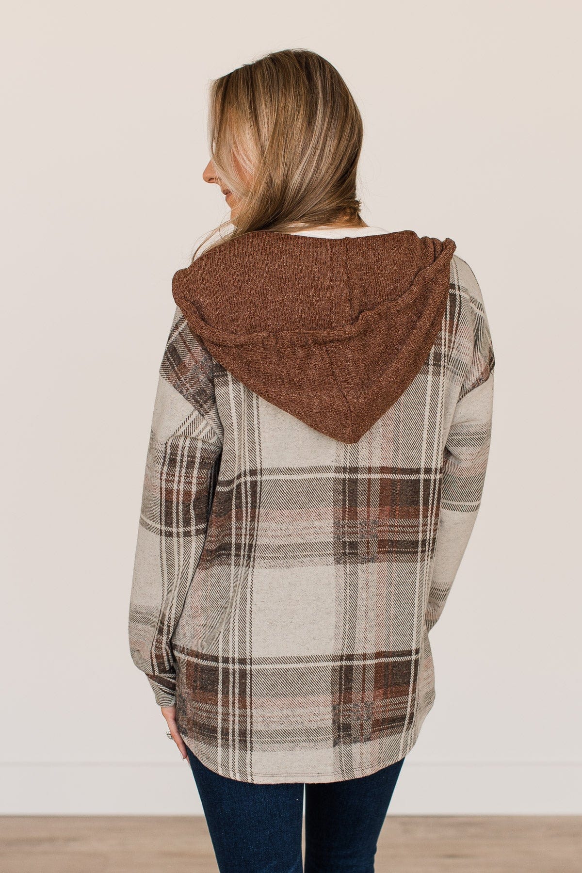 Sitting Fireside Hooded Button Top- Brown
