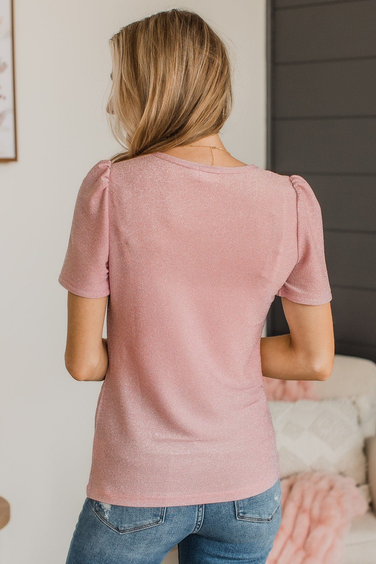 Own The Evening Short Sleeve Shimmer Top- Light Pink