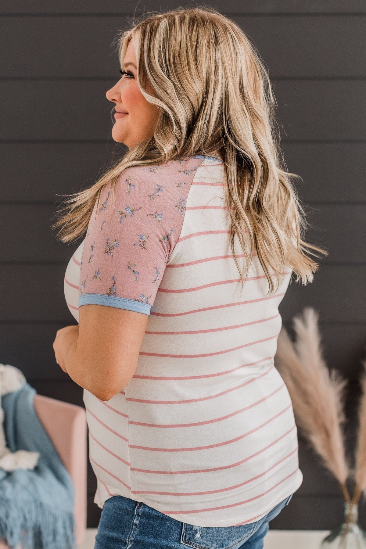 Win You Over Short Sleeve Raglan Top- Ivory & Pink